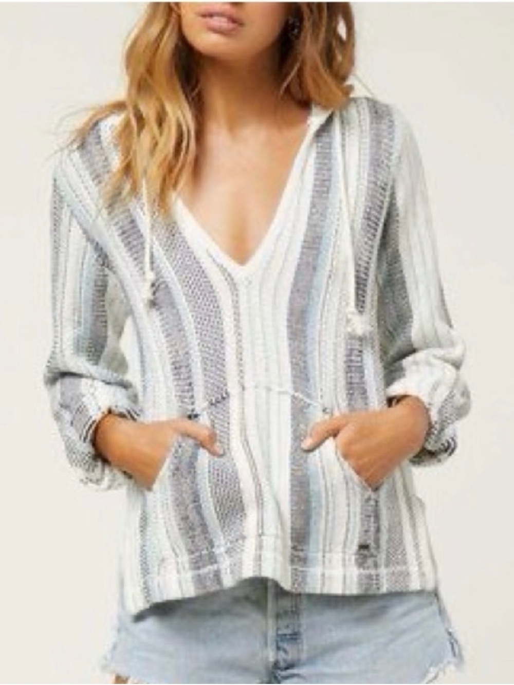 O'Neill Cream & Gray Striped Knit Hoodie Sweater Small